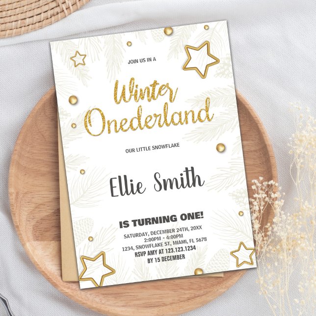 Estrella dorada de invitaciones al cumpleaños de O (Winter ONEderland Birthday Invitations Star Golden)