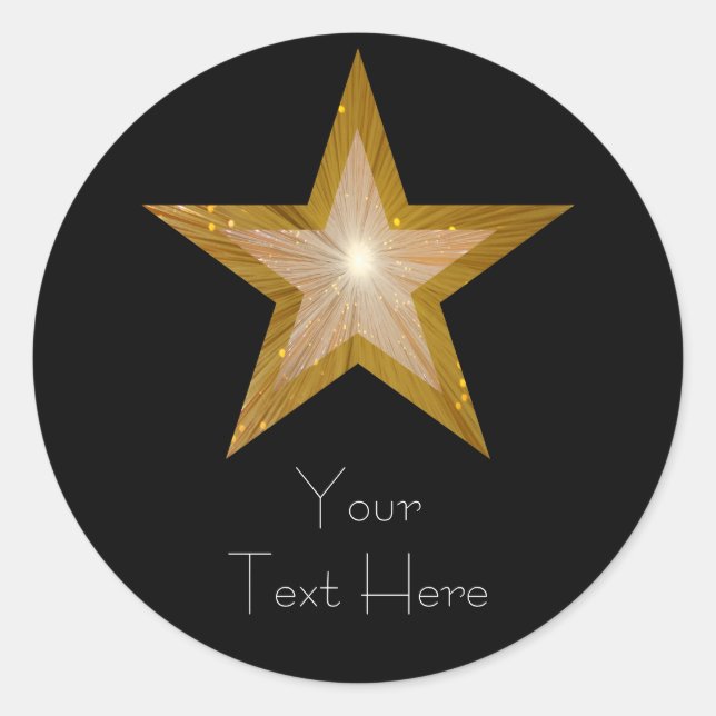 Estrella dorada 'Tu texto' pegatina redondo negro (Anverso)