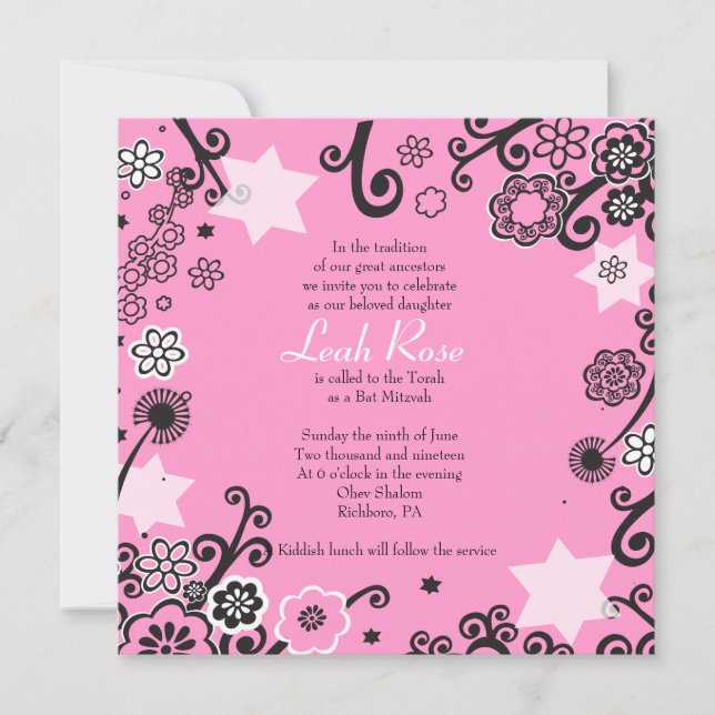 Estrella floral Bat Mitzvah Invitación Rosa (Anverso)