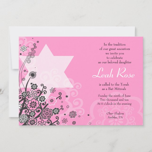 Estrella floral de David Bat Mitzvah Invitación Ro (Anverso)