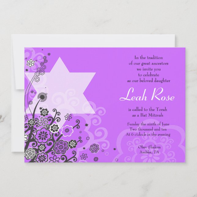 Estrella floral de David Bat Mitzvah Invitación Vi (Anverso)