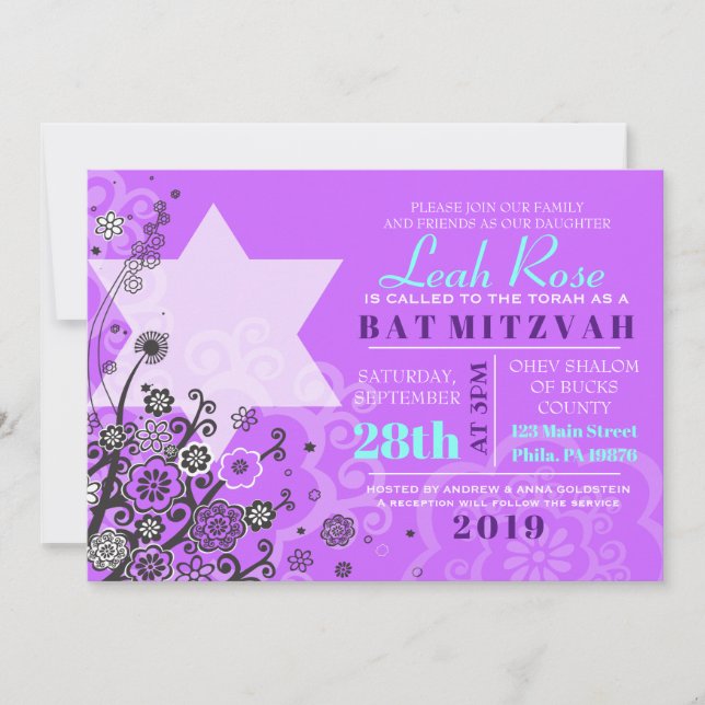 Estrella floral de David Bat Mitzvah Invitación Vi (Anverso)
