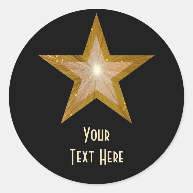 Estrella "Gold" "Your Text" pegatina redondo negro (Anverso)