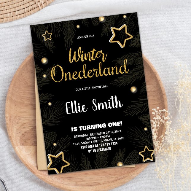 Estrella negra de las invitaciones al cumpleaños d (Winter ONEderland Birthday Invitations Star Black)