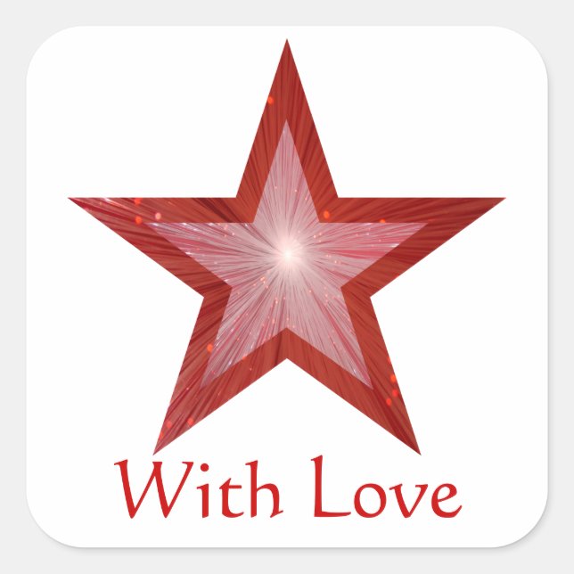 Estrella roja 'Con amor', blanco pegatina cuadrado (Anverso)