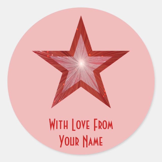 Estrella roja 'Con amor de'' redonda pegatina rosa (Anverso)