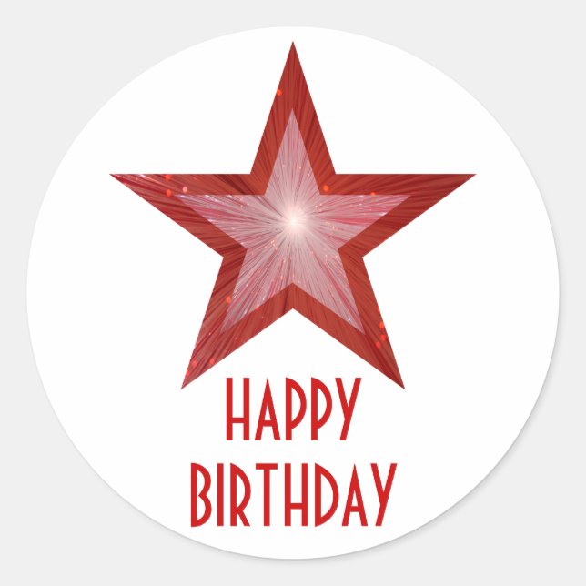 Estrella roja 'Feliz Cumpleaños' redonda pegatina  (Anverso)