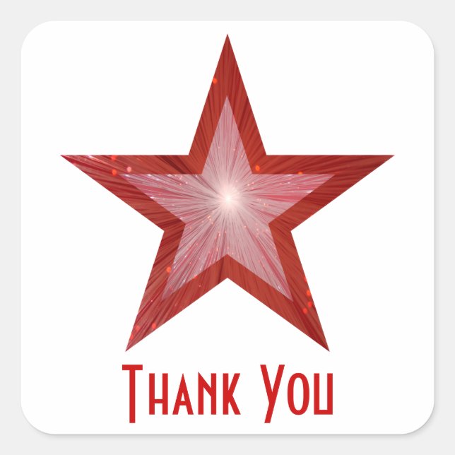 Estrella roja 'Gracias' blanco pegatina cuadrado (Anverso)