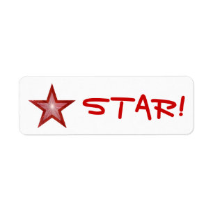 Estrella roja "¡STAR!" etiqueta pequeña blanca