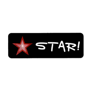 Estrella roja "¡STAR!" etiqueta pequeña negra