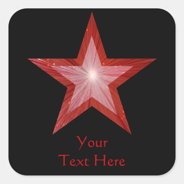 Estrella roja 'Tu texto' pegatina cuadrado negro (Anverso)