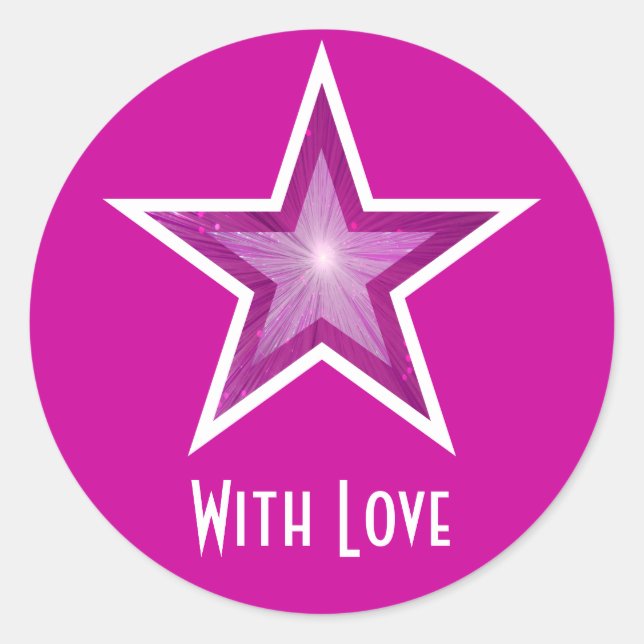 Estrella rosa 'Con amor' pegatina redondo (Anverso)