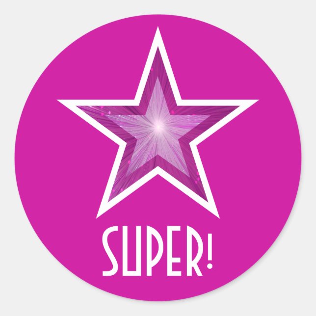 Estrella rosa 'SUPER!' redonda pegatina rosa (Anverso)