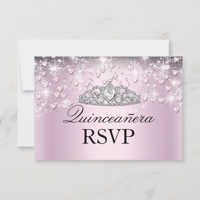 Estrella rosa Tiara y corazón Quinceanera RSVP (Anverso)