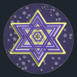 Estrella tejida de Pegatinas de David<br><div class="desc">Estos pegatinas presentan un Magen David intrínsecamente tejido en azul y amarillo en un campo de estrellas más pequeñas Trabaja bien en redondo o cuadrado. ¡Perfecto para Hanukkah!</div>