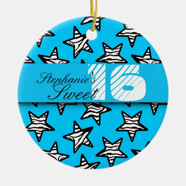 Estrellas azules de cebra Sweet 16 Ornamento de cu (Frente)