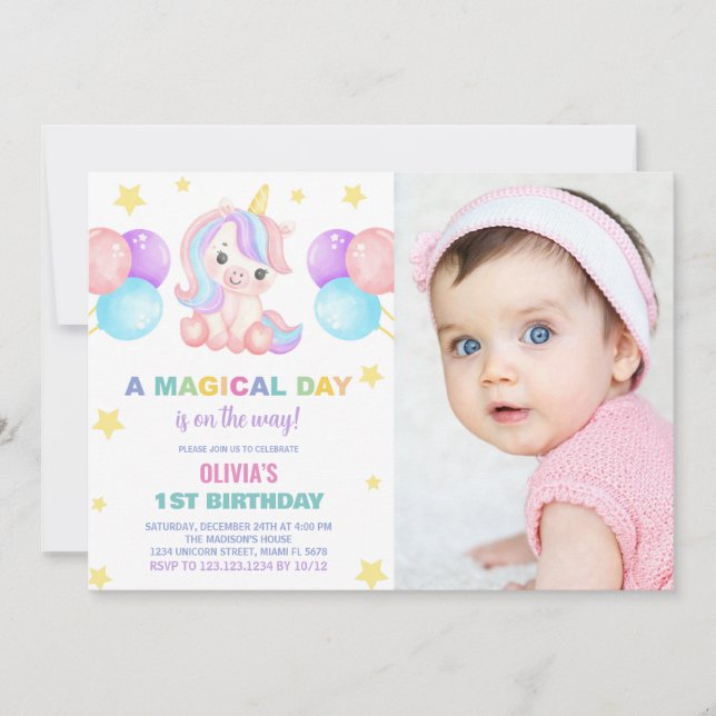 Estrellas Ballons Unicorn Invitaciones de cumpleañ (Anverso)
