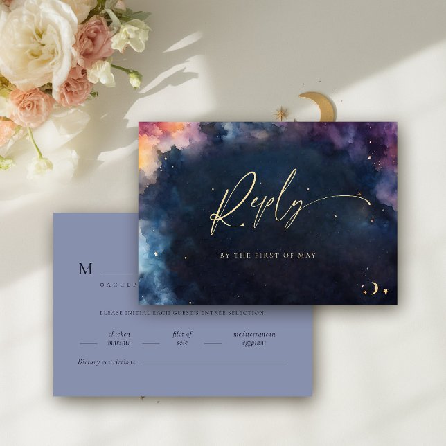 Estrellas celestes Boda medianoche de la comida az (celestial wedding rsvp meal card cosmic watercolor starry night sky galaxy universe navy blue gold)