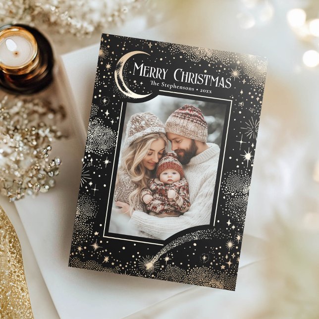 Estrellas Celestiales Magical Fotos de Navidad (Black Christmas Photo Card)
