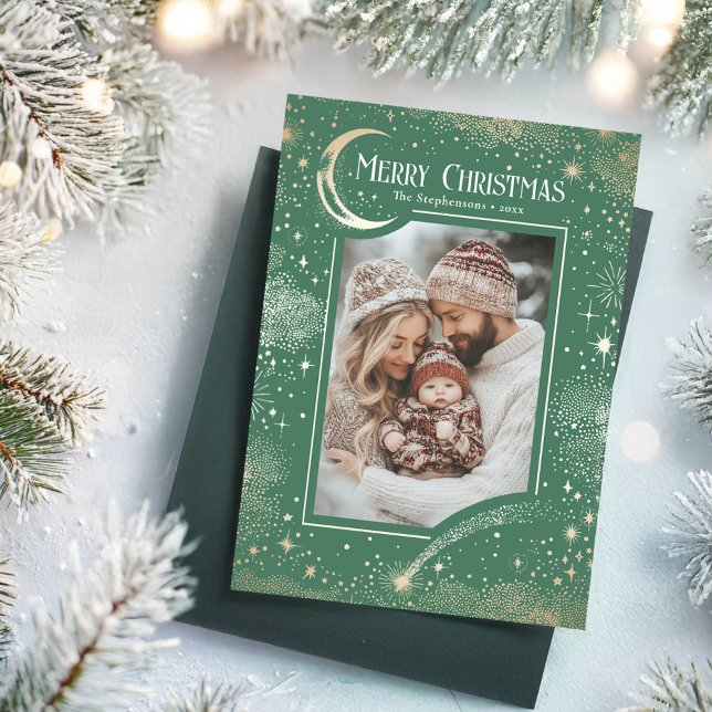 Estrellas Celestiales Magical Fotos de Navidad (Green Merry Christmas Photo Card)