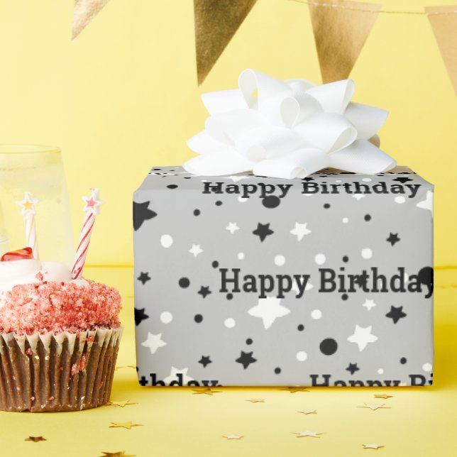 Estrellas de cumpleaños en papel de regalo gris (Fiesta de cumpleaños )