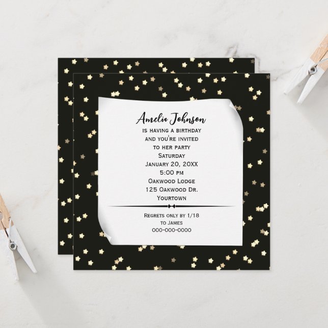 Estrellas De Oro En Invitación De Cumpleaños Negro (Anverso/Reverso In Situ)
