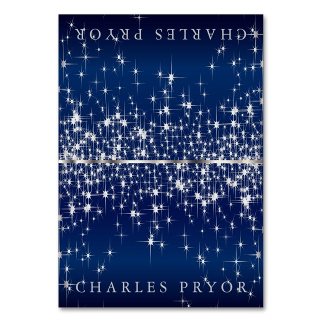 Estrellas de plata en tarjetas de satén azul (Anverso)