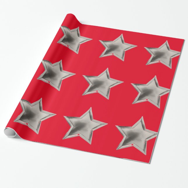 Estrellas de plata sobre papel de envolver rojo (Desenrollado)
