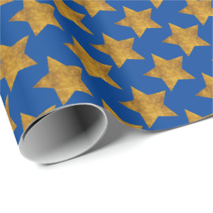 Estrellas Doradas en Papel de Regalo Azul Envoltor