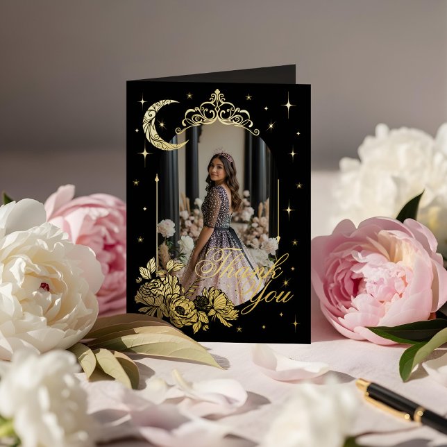 Estrellas florales celestes de la luna Quinceañera (Floral Celestial Moon Stars Quinceañera Thank You Foil Greeting Card (Front))