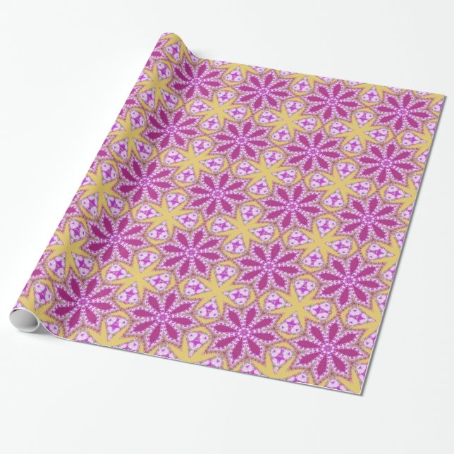 Estrellas florales fuchsia papel de fondo amarillo (Desenrollado)