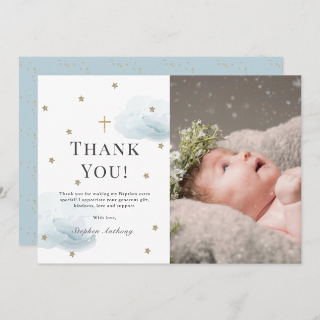 Estrellas Nubes Azules Foto Niño Baptismo Tarjeta  (Anverso / Reverso)