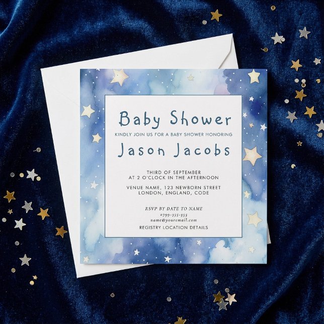Estrellas y cielo nocturno bebé ducha invitación a (Stars and night sky baby shower blue invitation.)