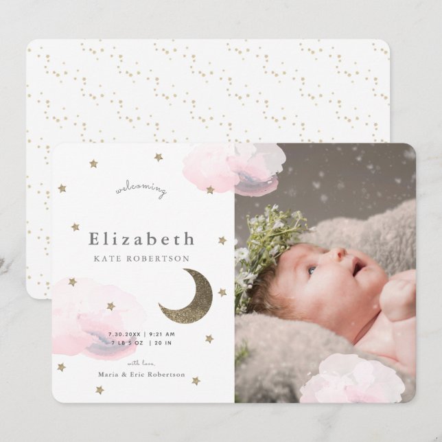 Estrellas y nubes rosadas Chica de foto Invitación (Anverso / Reverso)