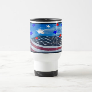 estrellas y taza blanca del viaje de la bandera de