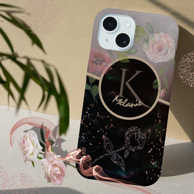 Estuche de teléfono monograma de floral gris rosad (Black Pink Grey Floral Monogram Phone Case)