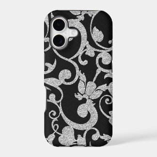 Estuche para iPhone de Purpurina floral negro y pl