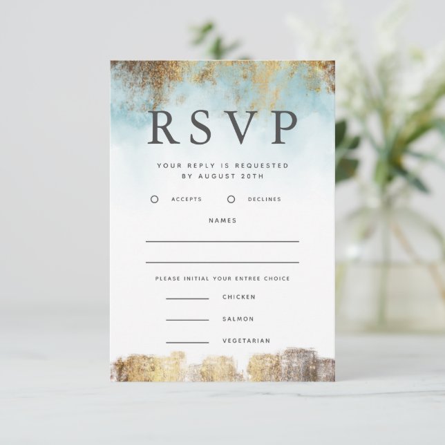 Ethereal Blue and Gold RSVP con elección de comida (Anverso de pie)
