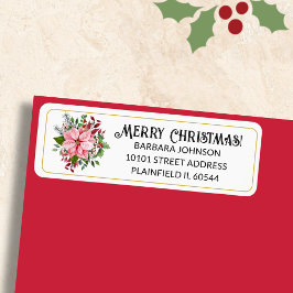 Etiqueta 150 Pink Poinsettia Christmas Return Address