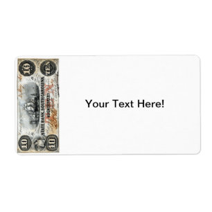 Etiqueta 1860 Carolina del Sur Diez Dólares Nota