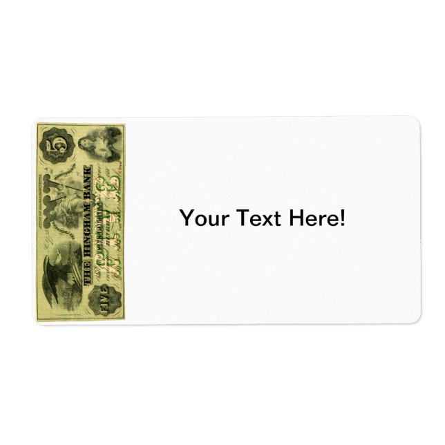 Etiqueta 1860 Hingham Massachusetts Five Dollar Note (Frente)