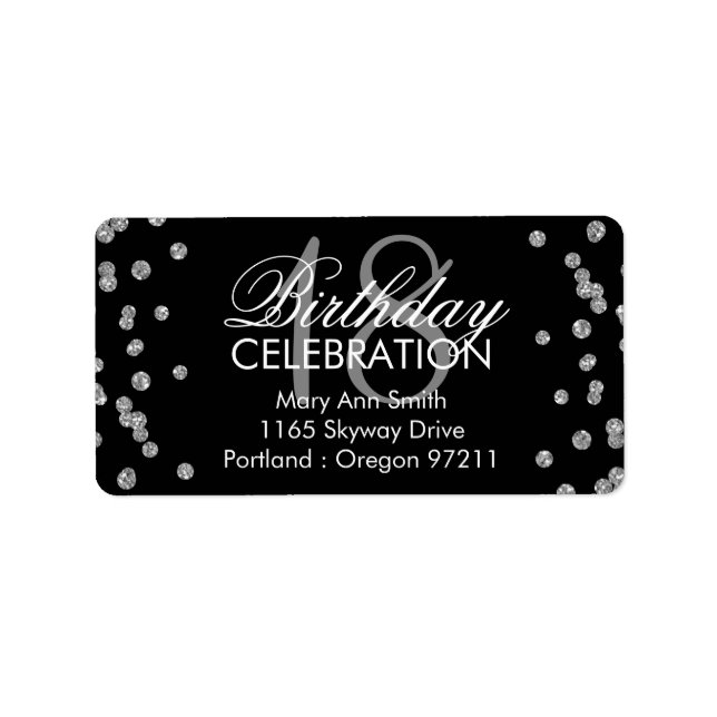 Etiqueta 18.º cumpleaños Purpurina de plata Confetti Black (Frente)