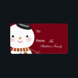 Etiqueta 1.25"x2.75" Crimson Red Snowman Stick On Gift Tag<br><div class="desc">Esta Moda personalizada de 1.25" x 2.75" y la etiqueta de regalo de los Navidades de snowman rojos de moda "Stick On Gift" es a la vez moderna y de moda. Éstos se imprimen en etiquetas Avery® utilizando una impresora a fondo de la tecnología de impresión a todo color. Impreso...</div>