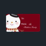 Etiqueta 1.25"x2.75" Crimson Red Snowman Stick On Gift Tag<br><div class="desc">Esta Moda personalizada de 1.25" x 2.75" y la etiqueta de regalo de los Navidades de snowman rojos de moda "Stick On Gift" es a la vez moderna y de moda. Éstos se imprimen en etiquetas Avery® utilizando una impresora a fondo de la tecnología de impresión a todo color. Impreso...</div>