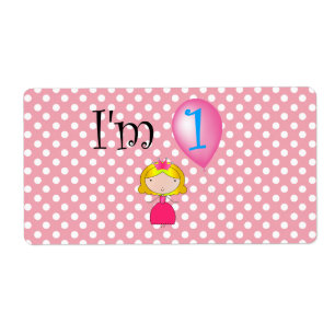 Etiqueta 1r Lunares rosados de la princesa del cumpleaños