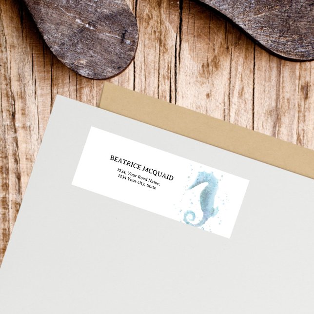 Etiqueta 2.º caballito de mar azul polvoriento (Watercolor Seahorse Return Address Label)