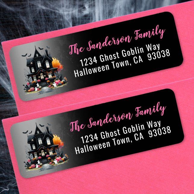 Etiqueta Abusada dirección de regreso de Halloween rosa de  (Haunted House Pink Halloween Return Address label)