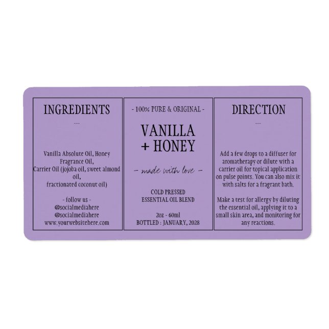 Etiqueta Aceite esencial de Lilac embotellado cosmético (Frente)