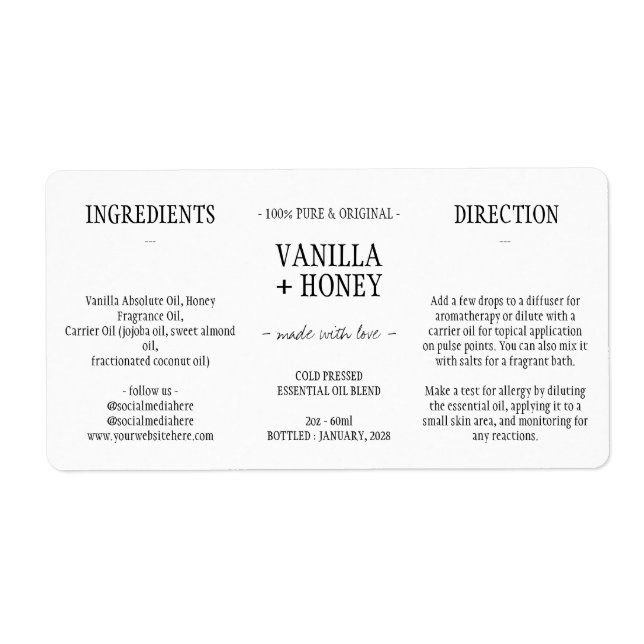 Etiqueta Aceite esencial simple embotellado cosmético (Frente)