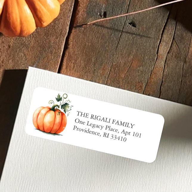Etiqueta Acuarela de Calabaza Dirección de Devolución (Pumpkin return address labels in watercolor shades or orange and green for fall and rustic events)